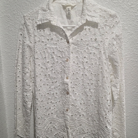 White Eyelet Button Down Blouse - Picture 2 of 4